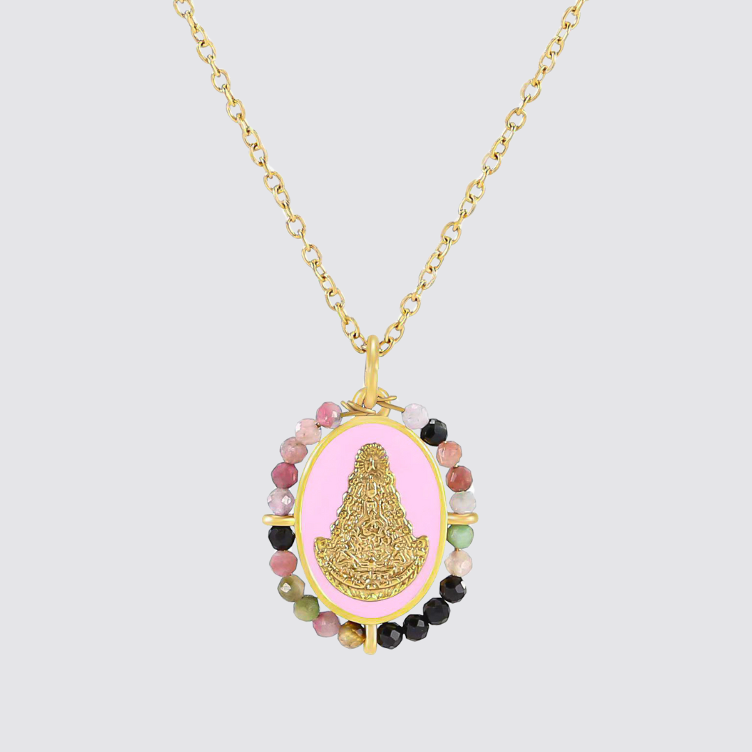 Colgante Virgen del Rocio con piedras turmalina en acero inoxidable y bañado en oro de 18K - Bendita Eva