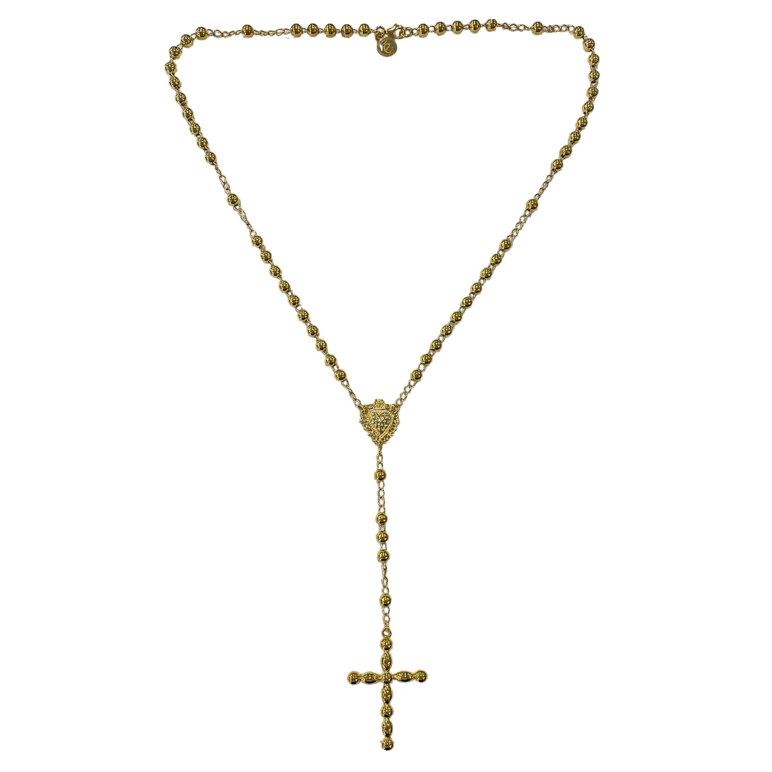 rosario bolitas con sagrado corazon fabricado en plata de ley 925 y bañado en oro de 18 K
