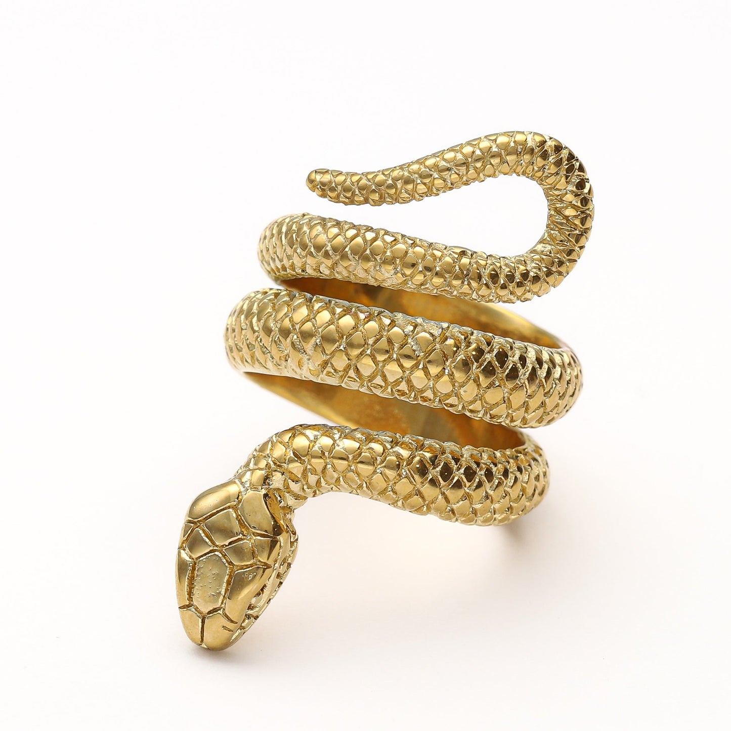 Anillo serpiente diseño XL de acero y baño de oro de 18 kt - Bendita Eva