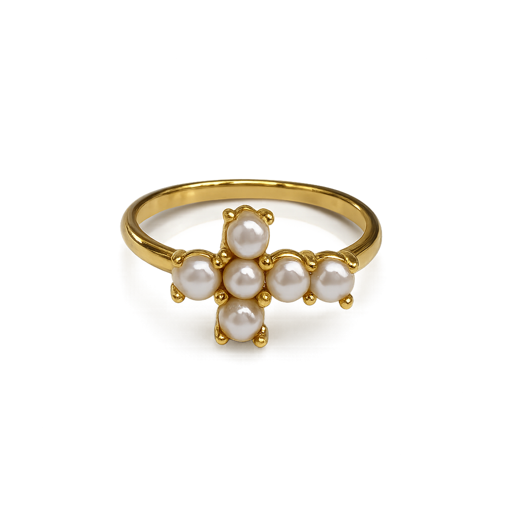 Anillo cruz perlas plata de ley y baño de oro 18K