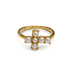 Anillo cruz perlas plata de ley y baño de oro 18K