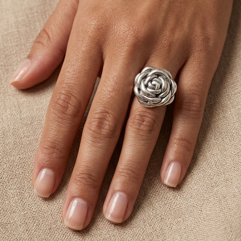 El anillo de rosa en plata de ley 925 es un anillo con un diseño escultórico que captura la belleza de una flor en su máximo esplendor. Su forma de rosa aporta un estilo femenino, elegante y atemporal, ideal para quienes buscan una joya especial con significado.
