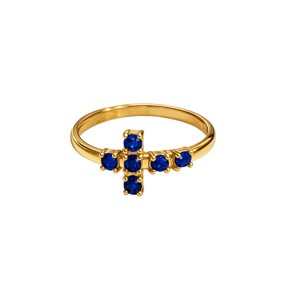Anillo cruz piedras azules plata de ley y baño de oro 18K