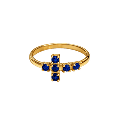 Anillo cruz piedras azules plata de ley y baño de oro 18K