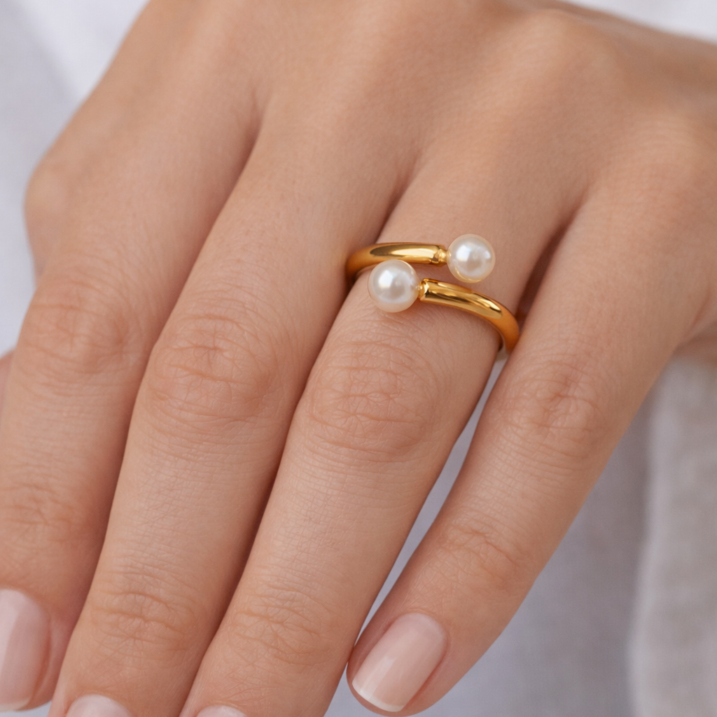 Anillo doble perla plata de ley y baño de oro 18K-Bendita Eva