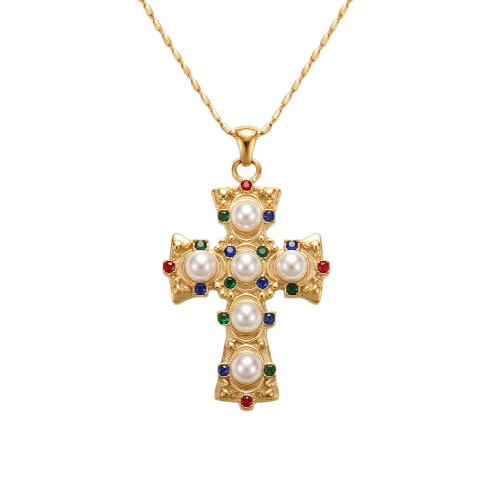 Colgante Cruz con perlas y circonitas