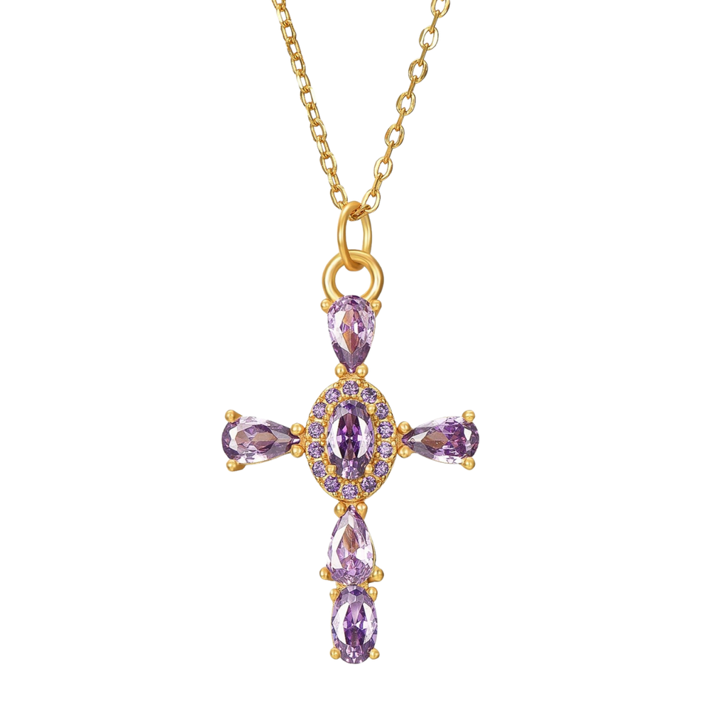colgante cruz piedras Amatista fabricado en plata de ley y baño de oro de 18K - Bendita Eva
