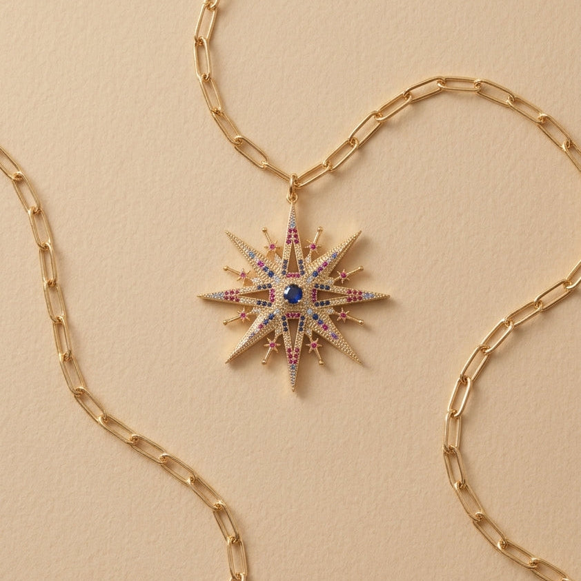 Colgante de estrella de 8 puntas plata de ley 925 y baño de oro 18K