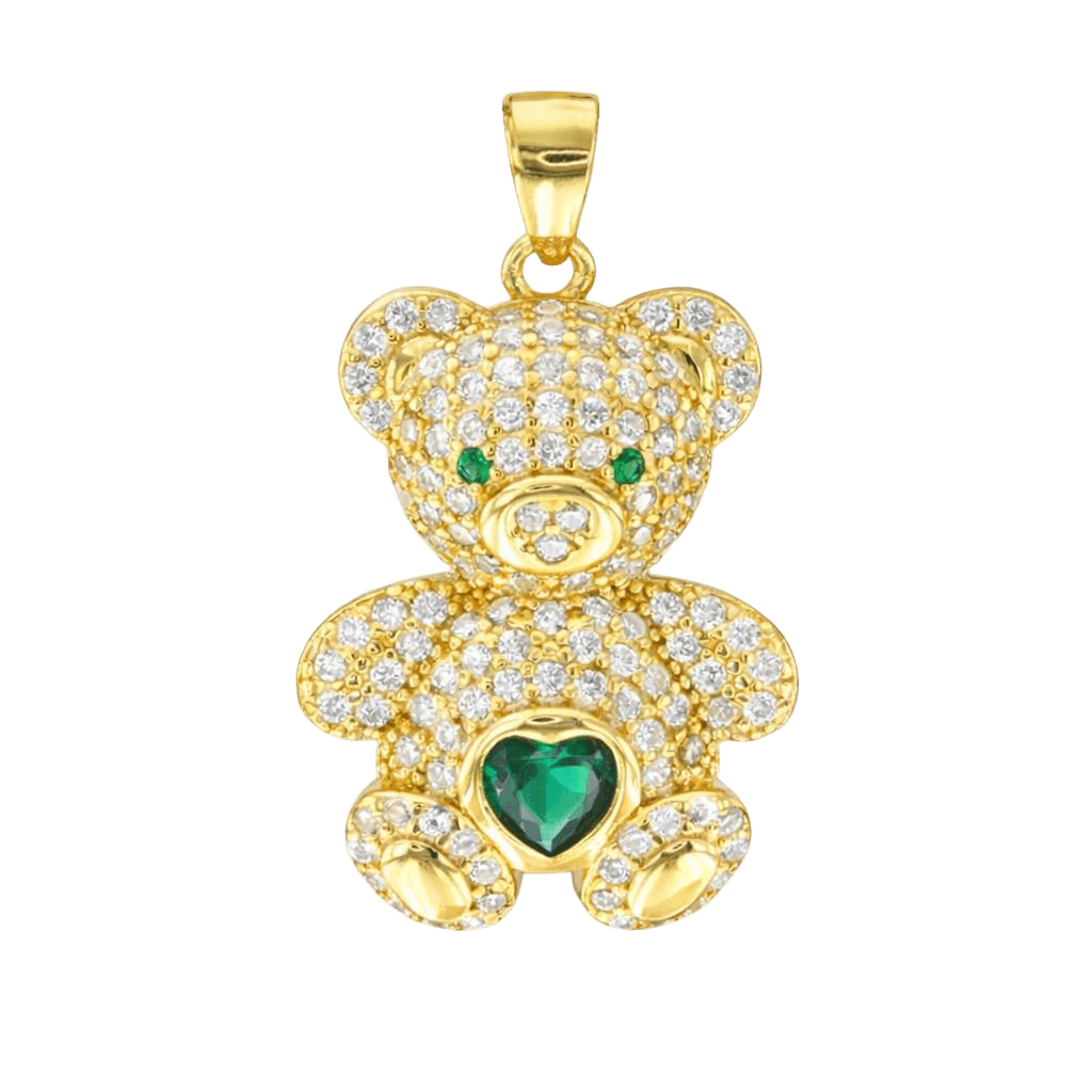 Colgante oso circonitas plata de ley y baño de oro con circonitas blancas y verdes de Bendita Eva
