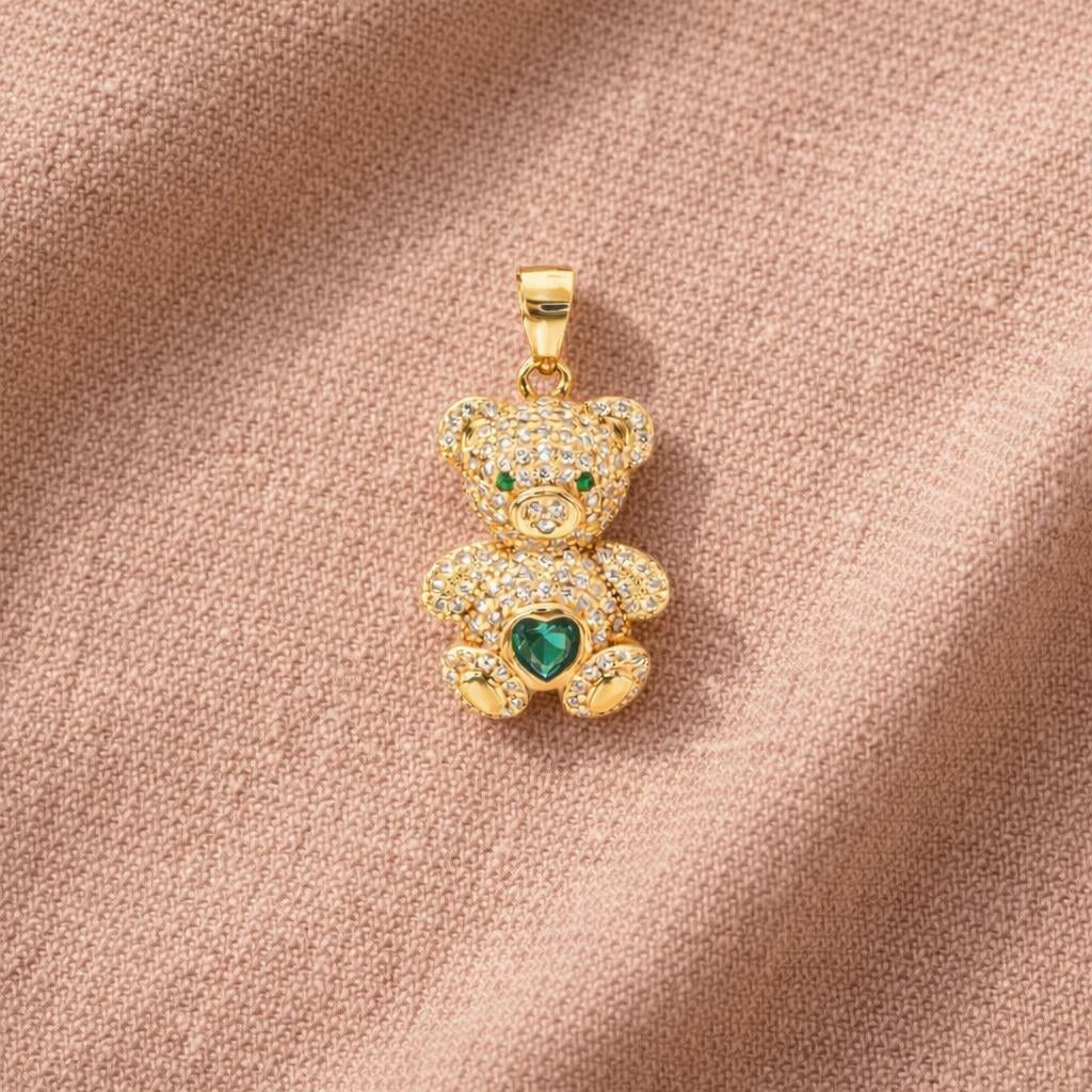 Colgante oso circonitas plata de ley y baño de oro con circonitas blancas y verdes de Bendita Eva