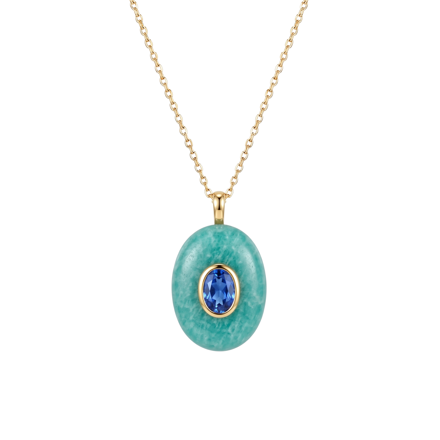 Colgante Óvalo Amazonita de piedra natural con circonita central en acero inoxidable 316L bañado en oro de 18K de la colección Amuletos de Bendita Eva.