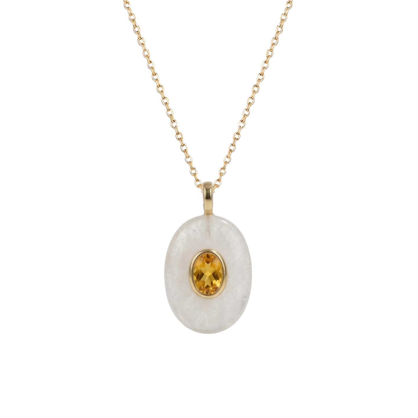 Colgante Óvalo de Cuarzo Blanco con circonita color citrino en acero inoxidable 316L bañado en oro de 18K de la colección Amuletos de Bendita Eva.