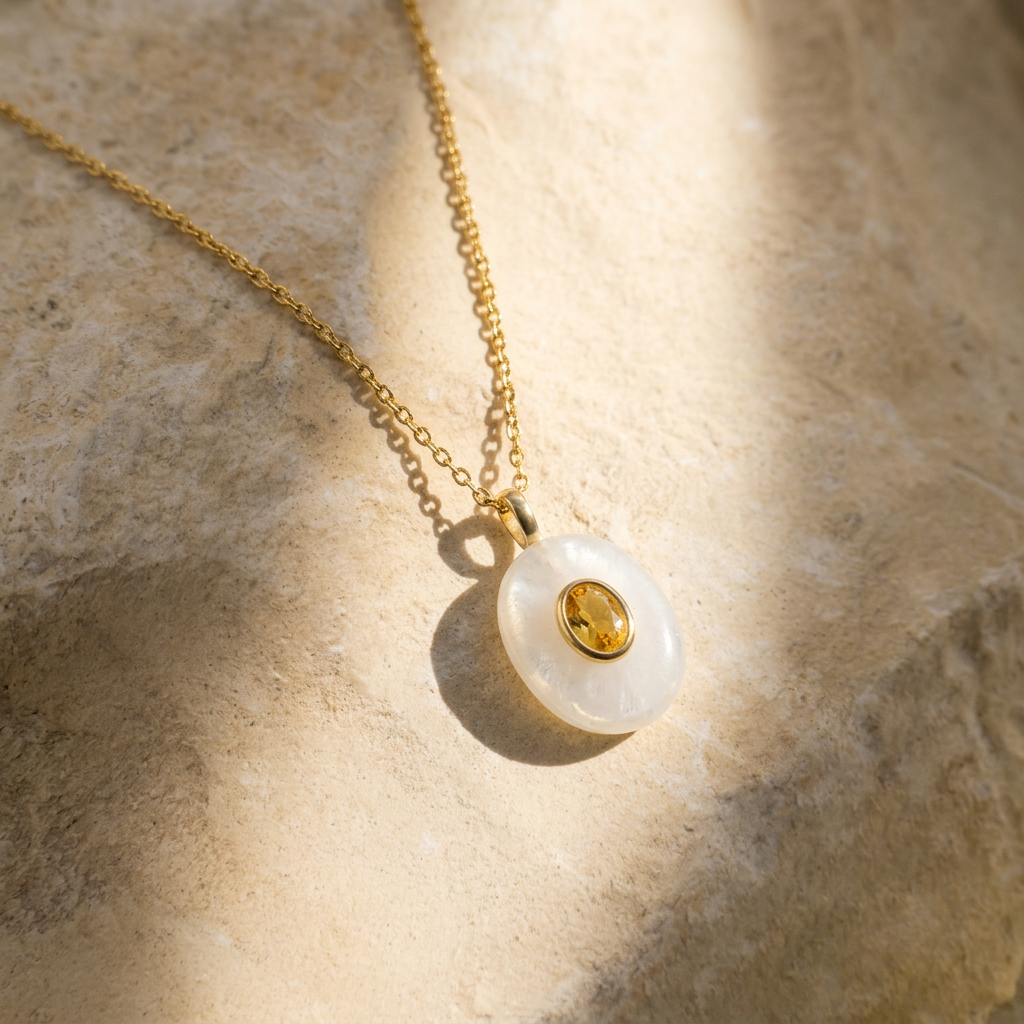 Descubre el Colgante Óvalo de Cuarzo Blanco de Bendita Eva con circonita color citrino. Elaborado en piedra natural y acero inoxidable 316L bañado en oro de 18K. Waterproof e inspirado en la claridad, el equilibrio y los nuevos comienzos - Bendita Eva