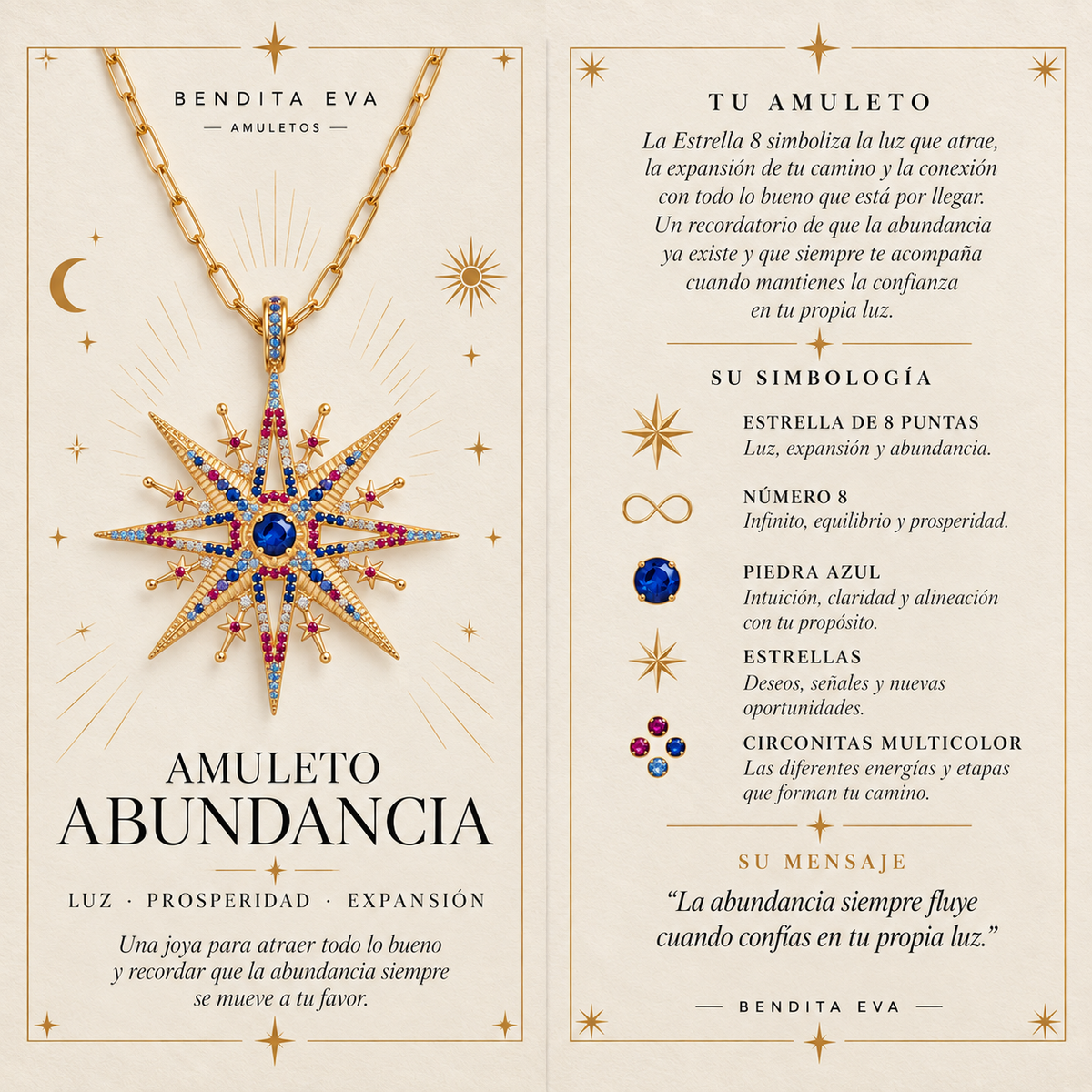 El Collar Amuleto Abundancia&nbsp;es una joya amuleto de plata de ley 925 bañada en oro de 18K, creada alrededor de un número lleno de simbolismo: el 8, asociado al infinito, el equilibrio, la protección , la abundancia y los ciclos que continúan