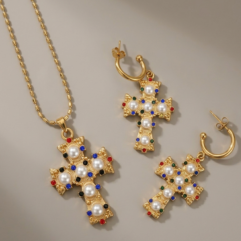 Collar cruz y pendientes cruz set a juego de acero hipoalergenico y baño de oro de 18K - Bendita Eva