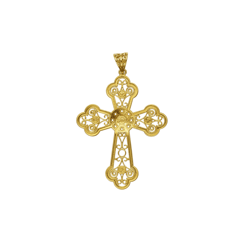 
                      
                        Una cruz de filigrana delicada y artesanal, elaborada en baño de oro y realzada con perlas naturales seleccionadas una a una. Un diseño elegante que combina tradición y modernidad, perfecto para quienes buscan una joya especial con simbolismo y estilo. Ideal para usar a diario o para regalar en ocasiones significativas.
                      
                    