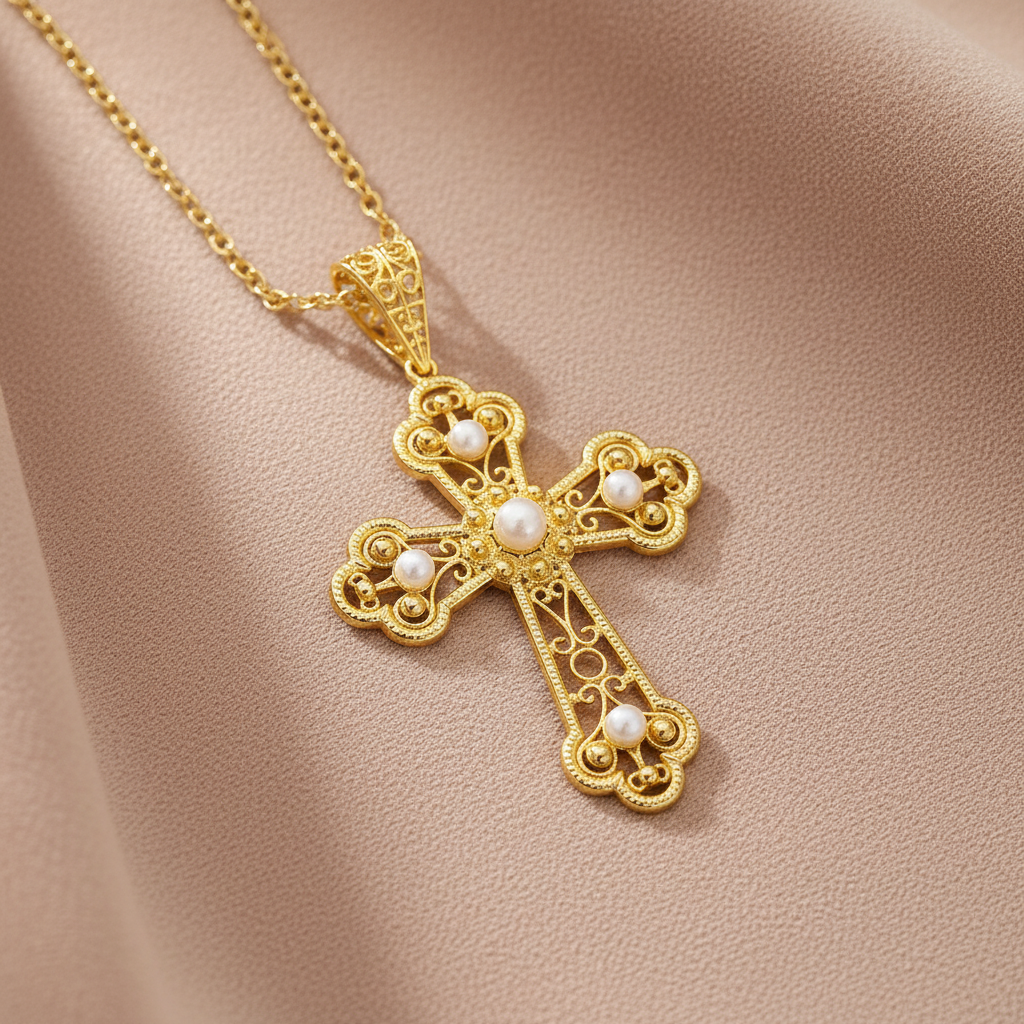 Una cruz de filigrana delicada y artesanal, elaborada en baño de oro y realzada con perlas naturales 