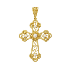 Cruz filigrana con perlas naturales plata de ley 925 y baño de oro 18K