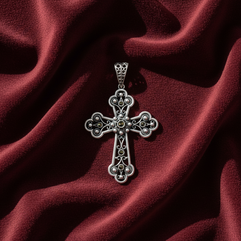 
                      
                        Esta cruz artesanal fabricada en España está elaborada en plata de ley 925 , fligrana con piedras naturales Marquesitas de Bendita Eva
                      
                    