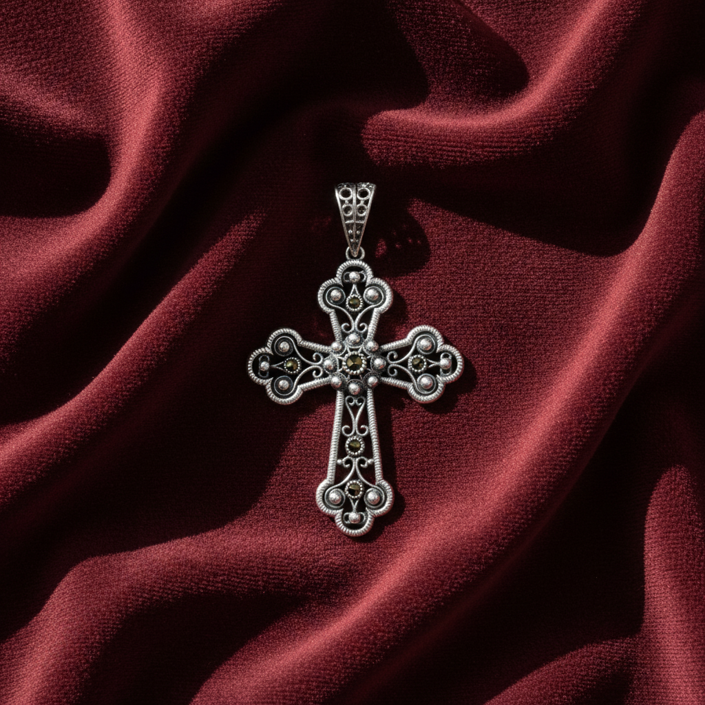 Esta cruz artesanal fabricada en España está elaborada en plata de ley 925 , fligrana con piedras naturales Marquesitas de Bendita Eva