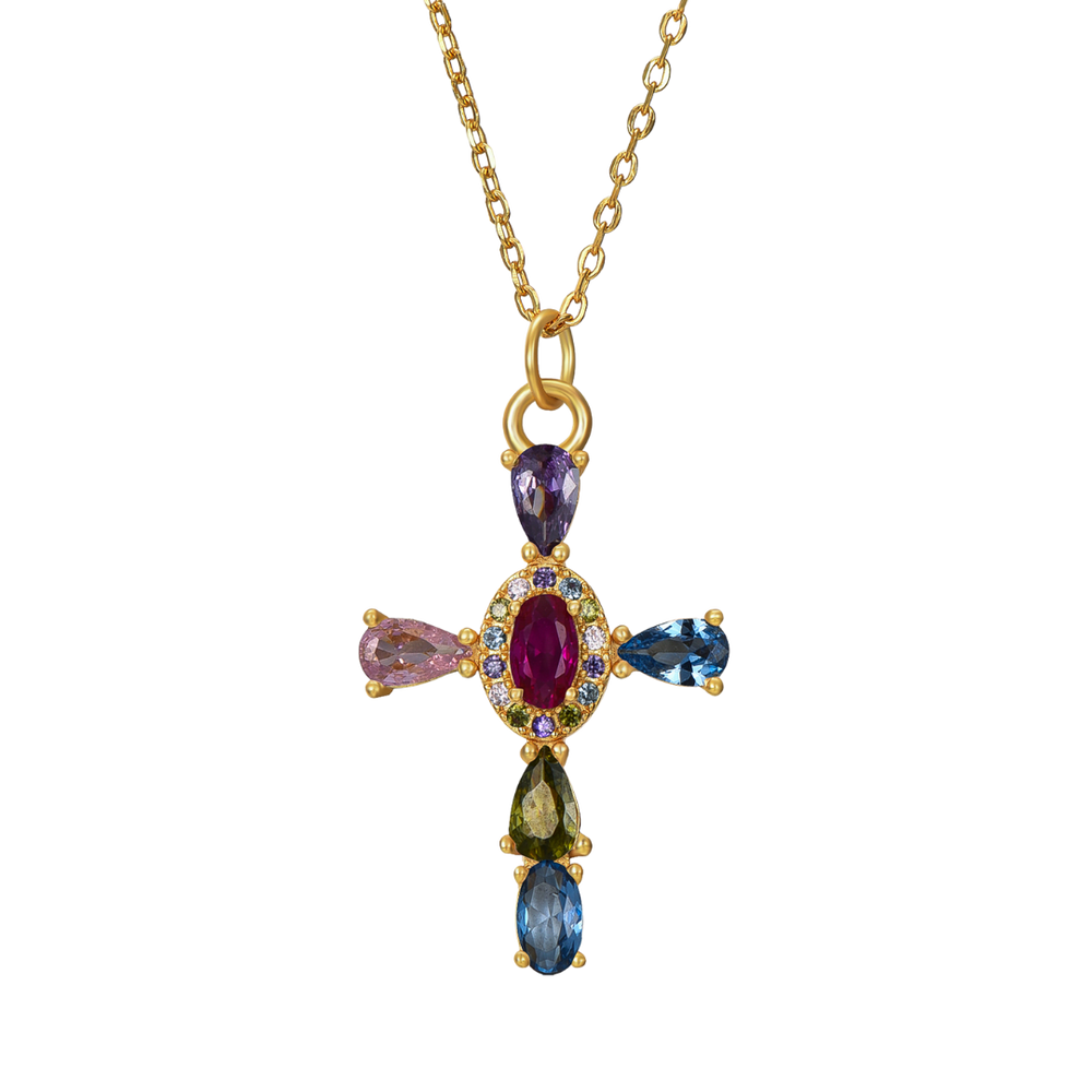 
                      
                        Colgante cruz con piedras multicolor fabricado en plata de ley y baño de oro de 18K -Bendita Eva
                      
                    