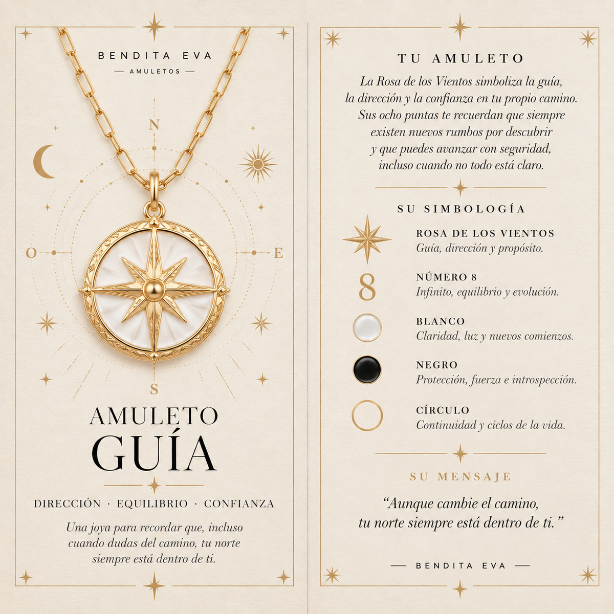 El Collar Amuleto Guía es una joya amuleto de plata de ley 925 bañada en oro de 18K, inspirada en la rosa de los vientos como símbolo de guía, dirección y confianza en el propio camino.