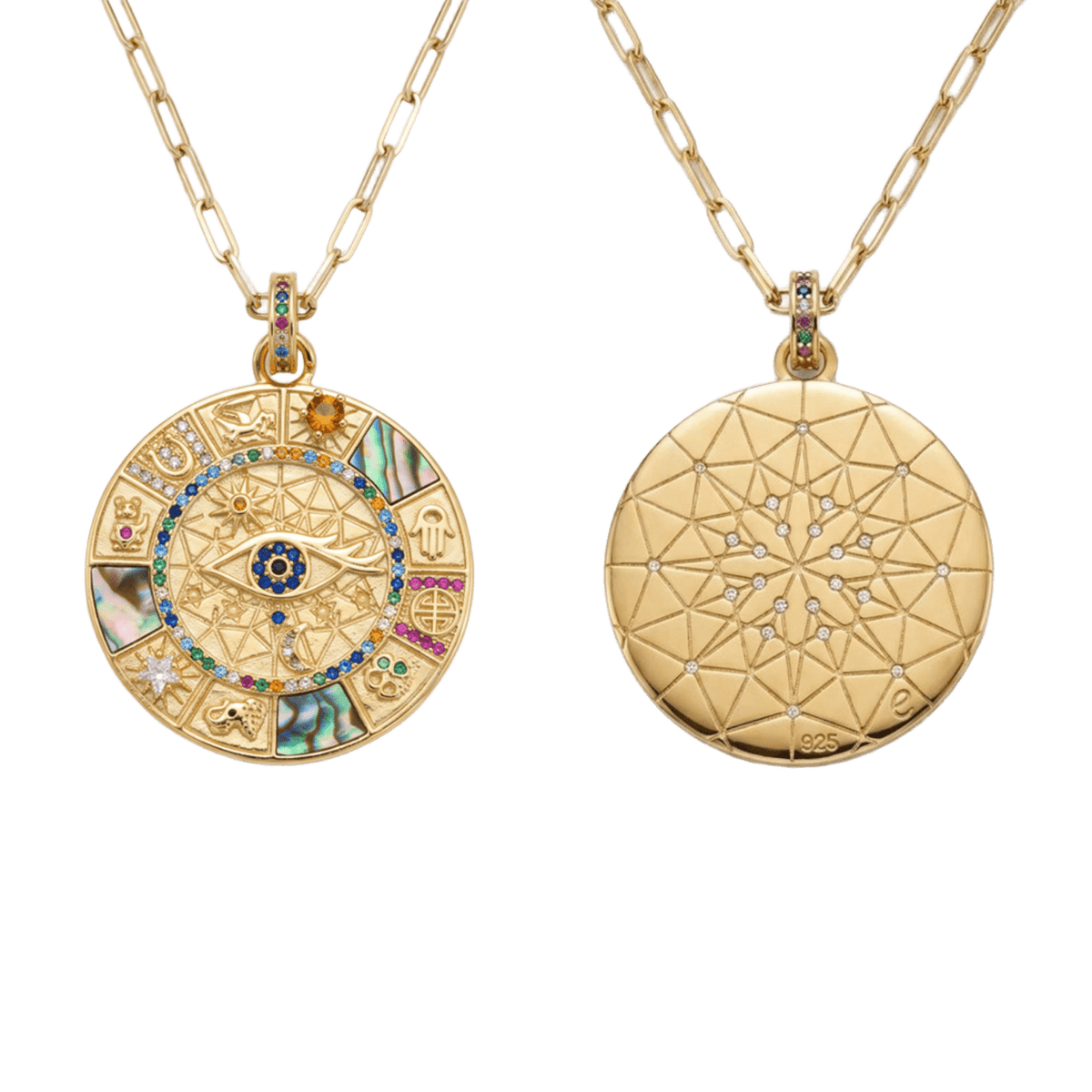 El Collar Amuleto Protección reúne diferentes símbolos ancestrales asociados a la protección, la suerte, la intuición y la energía positiva. Una joya amuleto de plata de ley 925 bañada en oro de 18K, diseñada como un pequeño universo de buenos deseos para llevar siempre contigo.