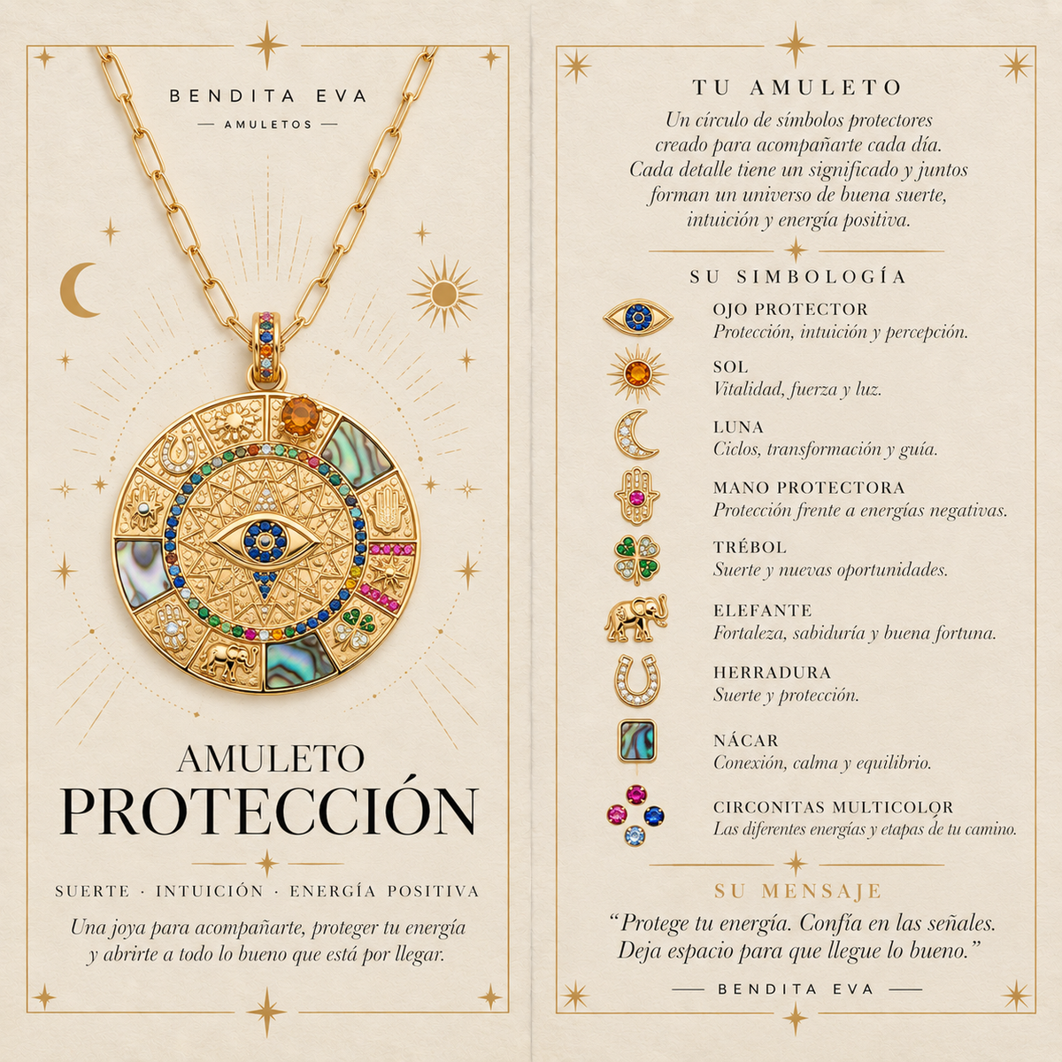 El Collar Amuleto Protección reúne diferentes símbolos ancestrales asociados a la protección, la suerte, la intuición y la energía positiva.