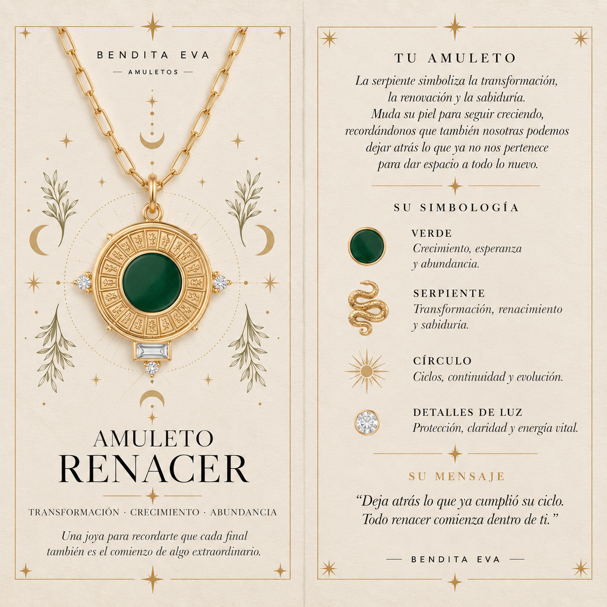 El Collar Amuleto Renacer es una joya amuleto de plata de ley 925 bañada en oro de 18K, creada como símbolo de transformación, renacimiento y crecimiento personal.