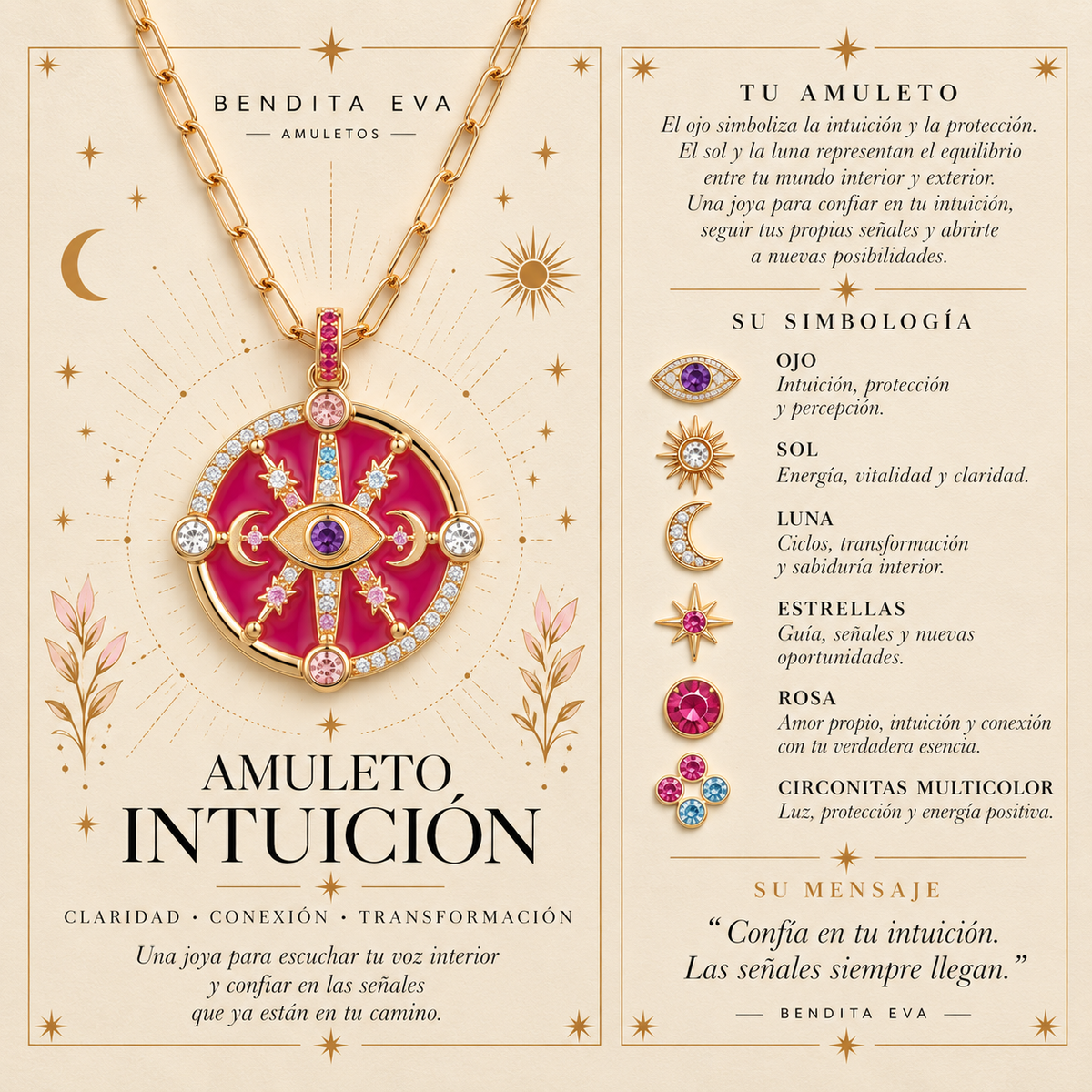El&nbsp;Collar Amuleto Intuición es una joya amuleto de plata de ley 925 bañada en oro de 18K, creada como símbolo de intuición, protección y poder interior.
