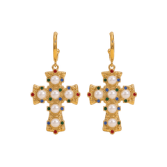 Pendientes Cruz con perlas y circonitas