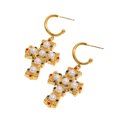 Pendientes Cruz con perlas y circonitas