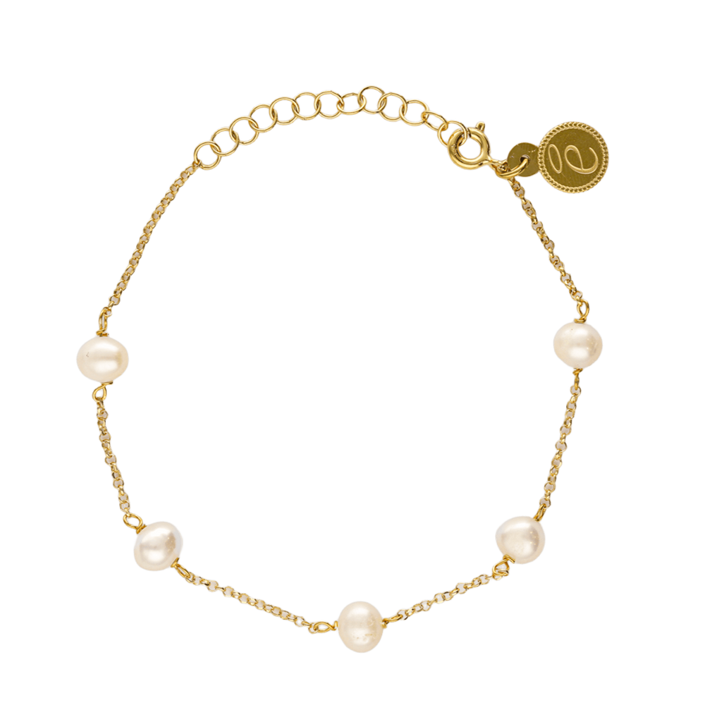 Pulsera de cadena fina de 19 cm en plata bañada en oro de 18 quilates, con perlas naturales y bolitas doradas-Bendita Eva