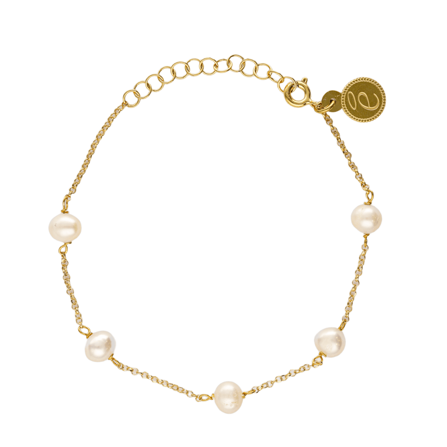Pulsera de cadena fina de 19 cm en plata bañada en oro de 18 quilates, con perlas naturales y bolitas doradas-Bendita Eva