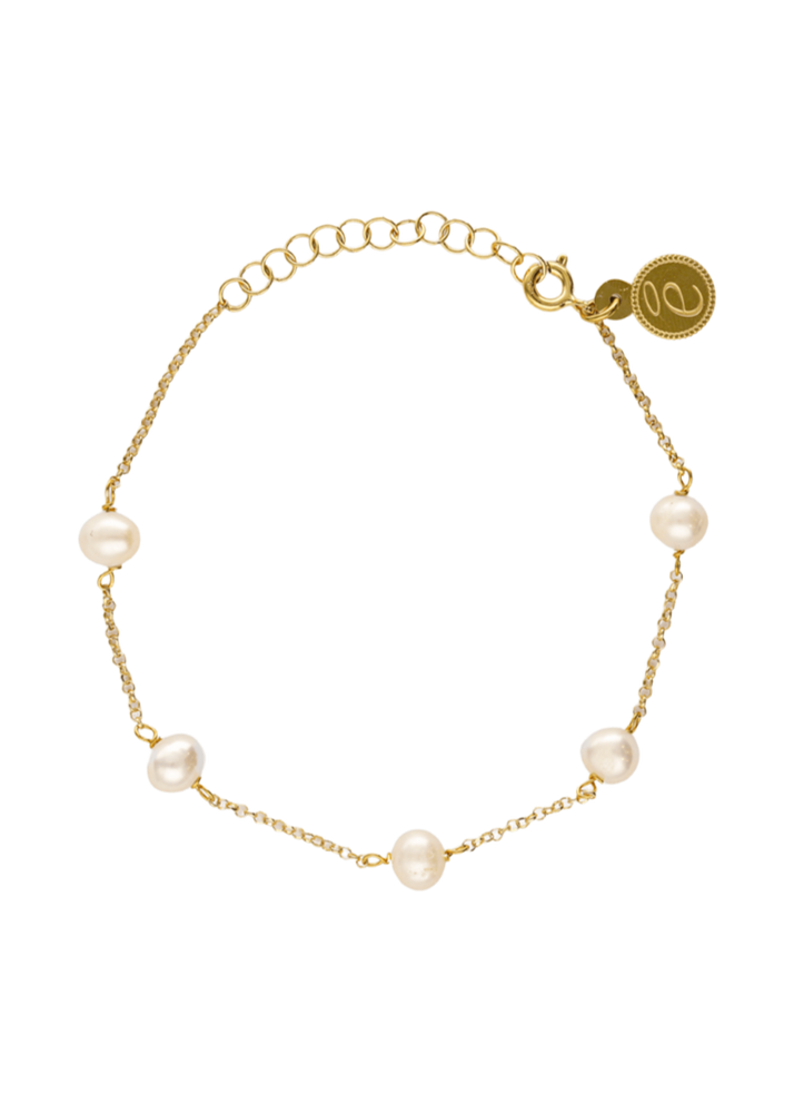 Pulsera de cadena fina de 19 cm en plata bañada en oro de 18 quilates, con perlas naturales y bolitas doradas-Bendita Eva