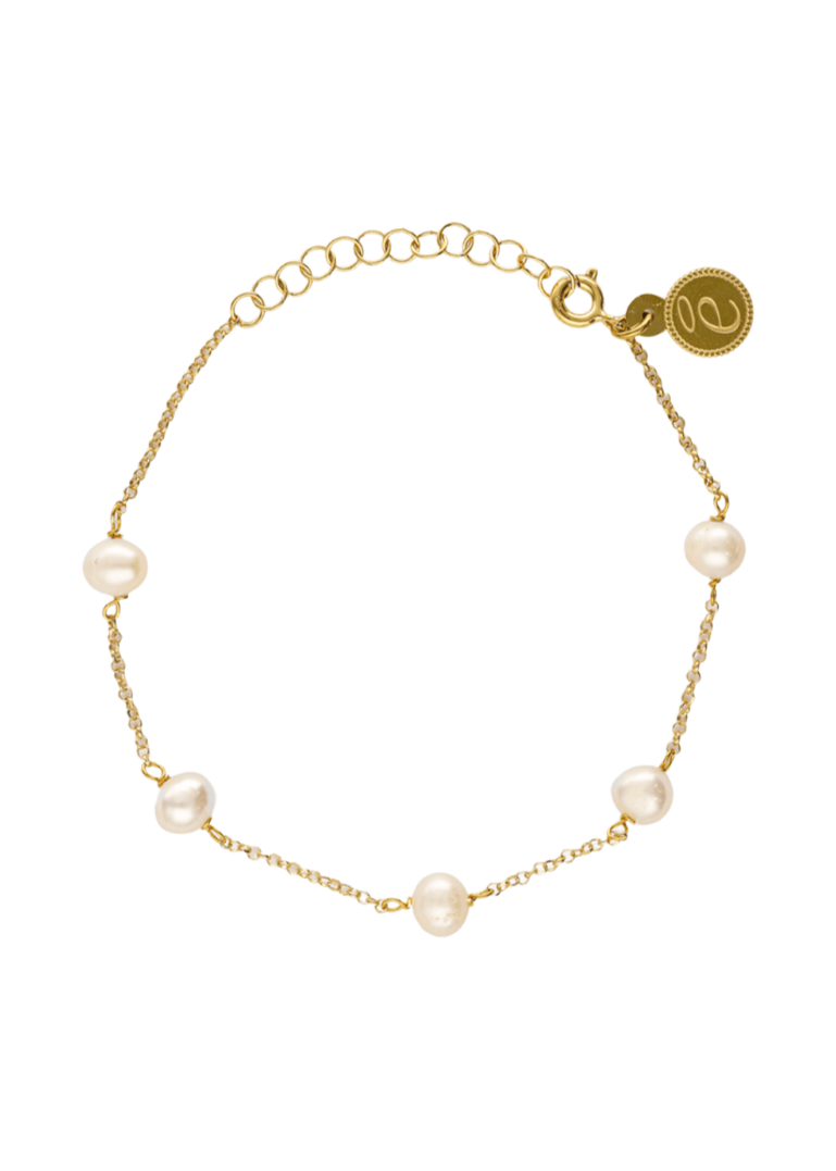 Pulsera de cadena fina de 19 cm en plata bañada en oro de 18 quilates, con perlas naturales y bolitas doradas-Bendita Eva