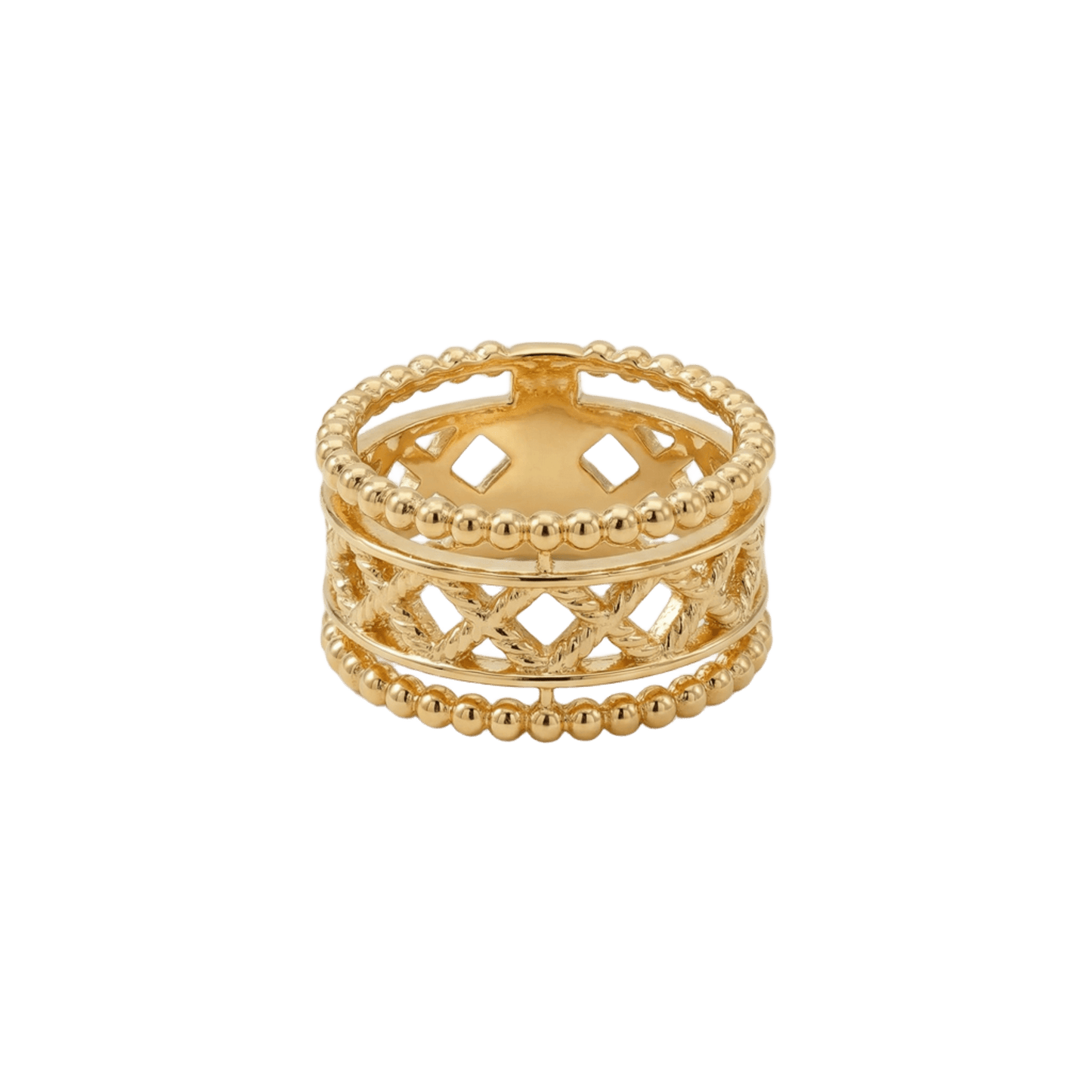Anillo de filigrana artesanal en plata 925 con baño de oro 18K, elegante, ligero y exclusivo, ideal para joyería de lujo discreto y para ocasiones especiales de Bendita Eva.
