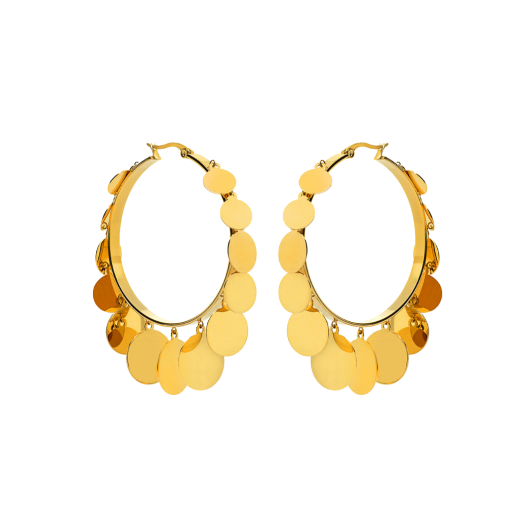 Aros con chapas de Bendita Eva en acero hipoalergénico waterproof, diámetro 63x50 mm, grosor 3,5 mm y chapas de 6-14 mm. Diseño original y ligero, ideal para transformar cualquier look.