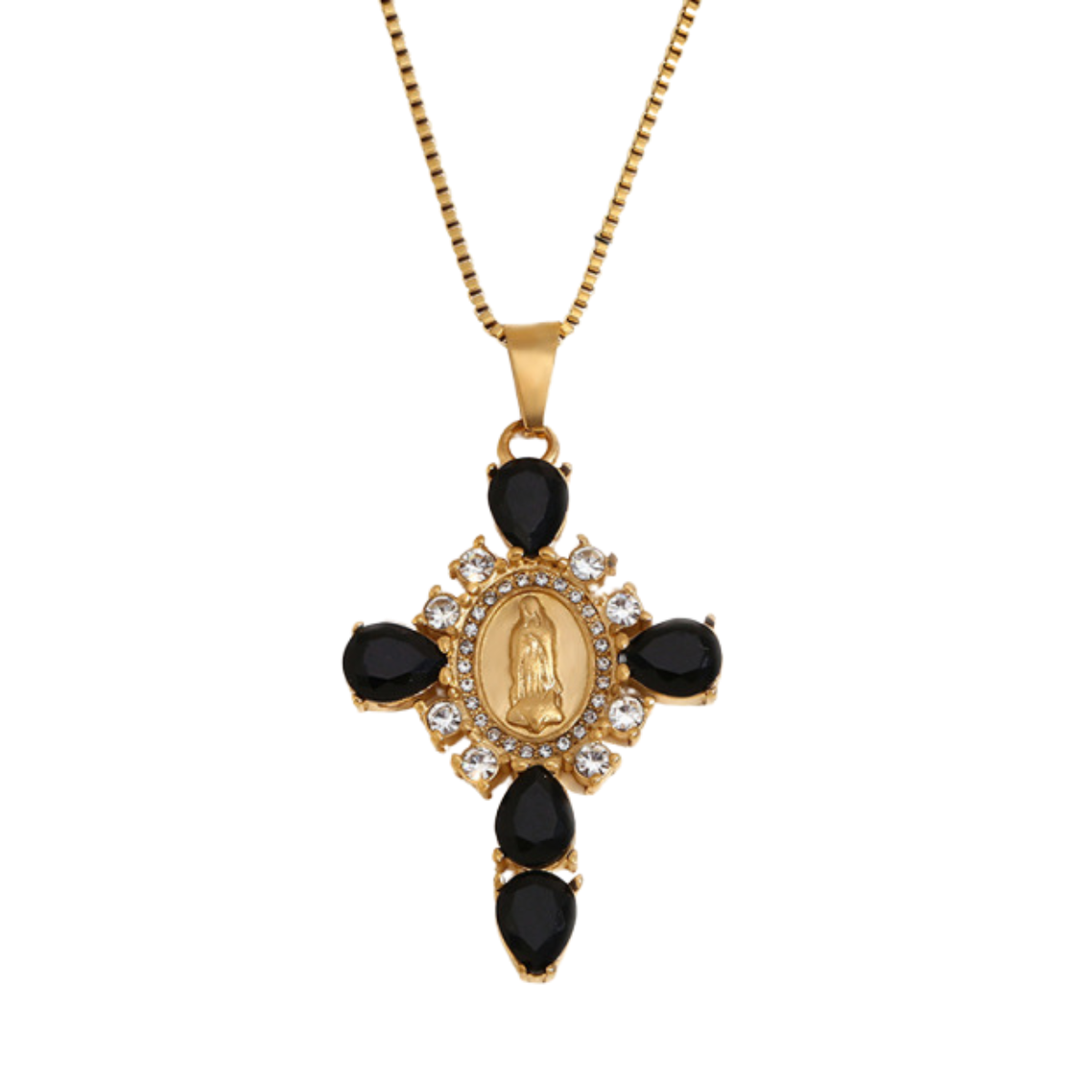 Colgante cruz con circonitas blancas y negras de Bendita Eva, detalle del diseño con virgen grabada