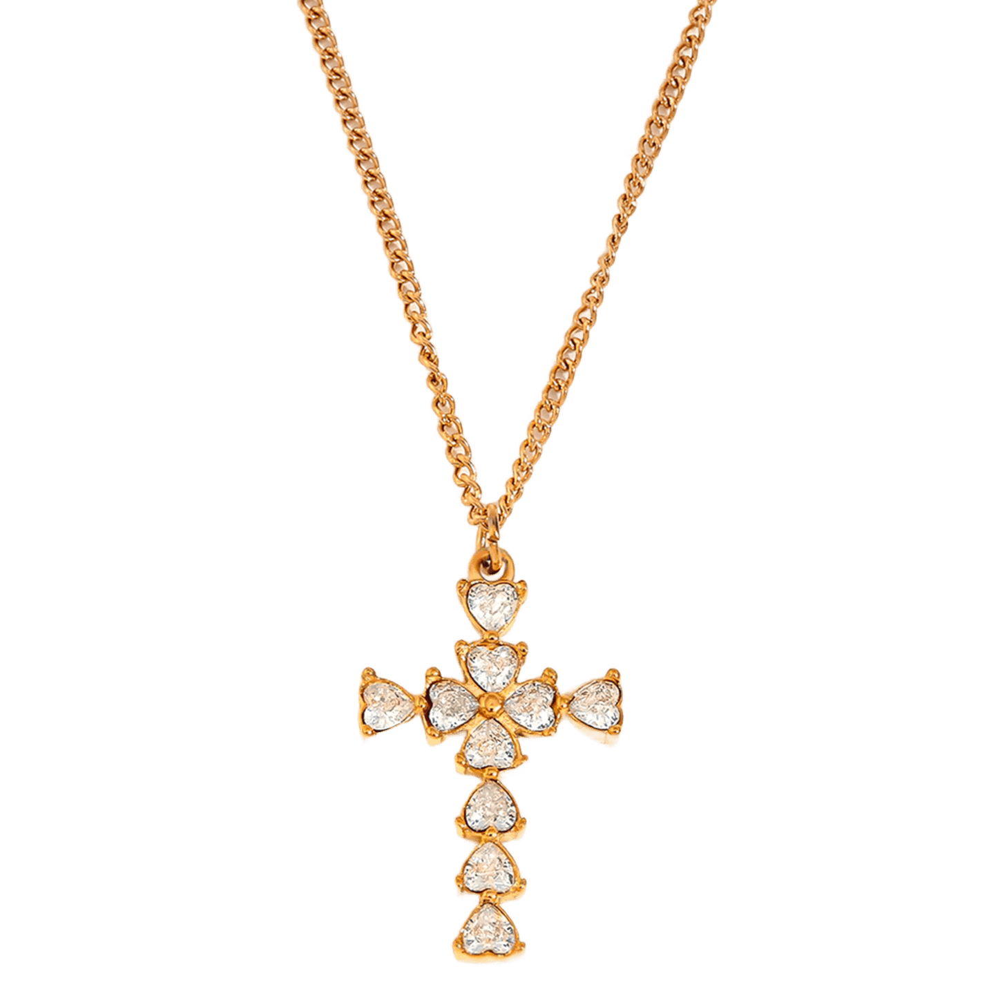 Colgante de cruz de Bendita Eva en acero y oro con circonitas en talla corazón, cadena de 40 cm ajustable hasta 45 cm. Diseño moderno y versátil, ideal para layering.