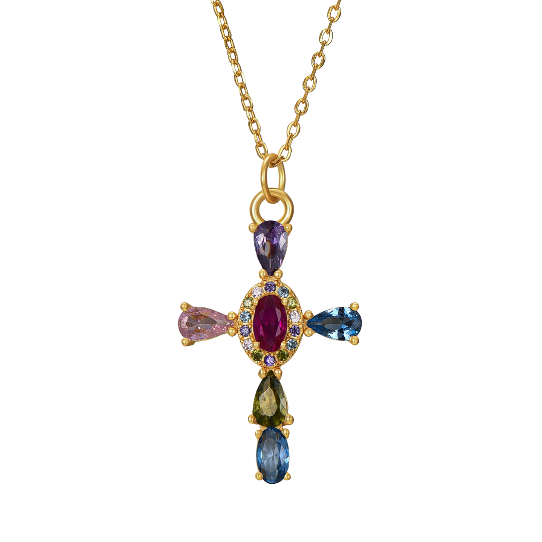 Colgante Cruz Multicolor de plata de ley 925 y baño de oro 18kt, piedras engarzadas artesanalmente, detalle plano de la joya - Bendita Eva
