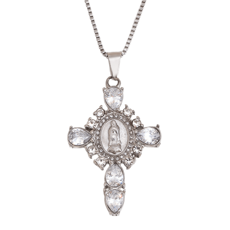 Colgante cruz de plata con circonitas blancas de 2,5 mm y virgen grabada en el centro, detalle frontal elegante, Bendita Eva