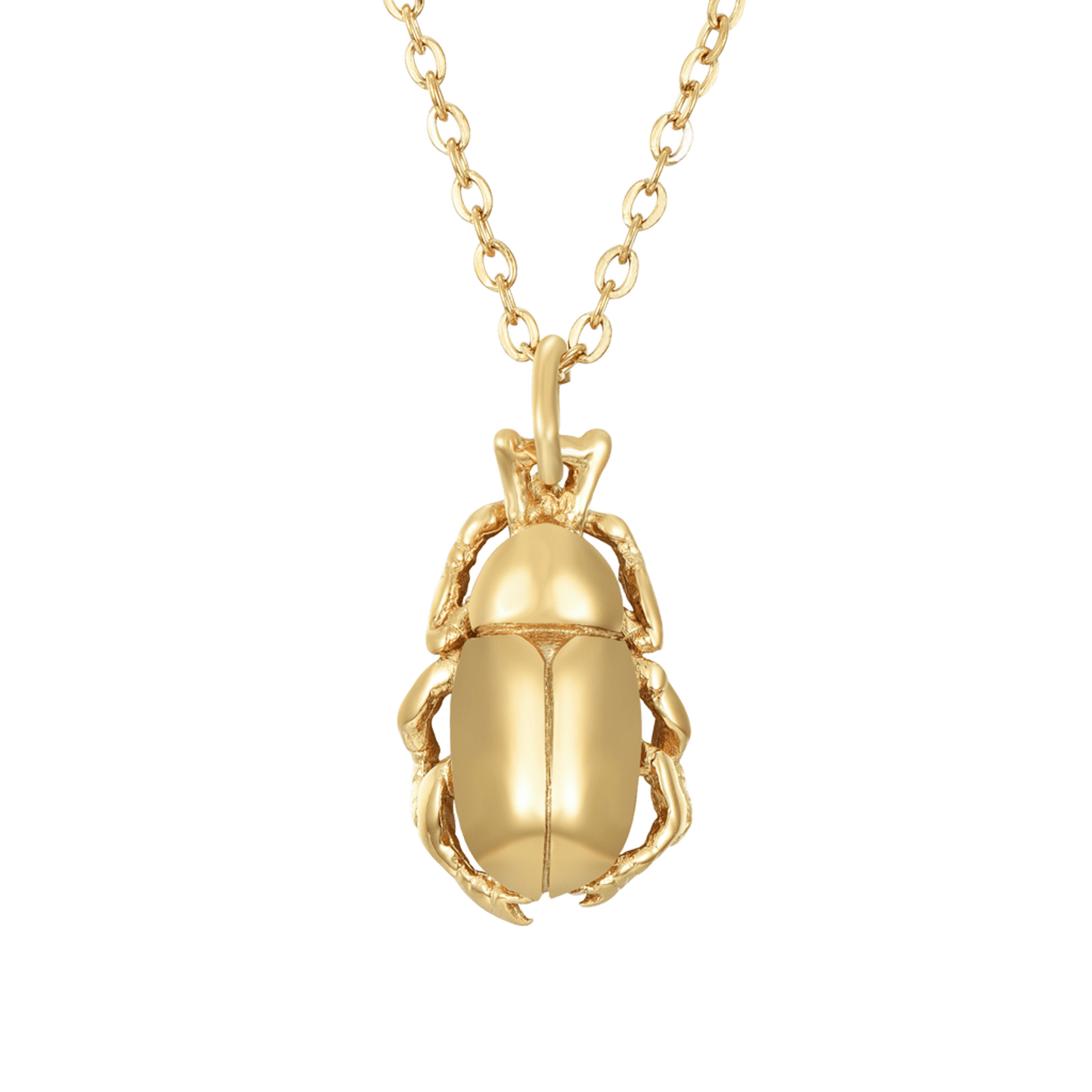 Colgante Escarabajo de Bendita Eva en acero inoxidable 316L hipoalergénico, waterproof, baño de oro 18K, detalle del diseño