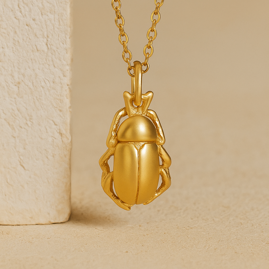 Primer plano del colgante Escarabajo de Bendita Eva en acero inoxidable 316L hipoalergénico, baño de oro 18K, resistente al agua
