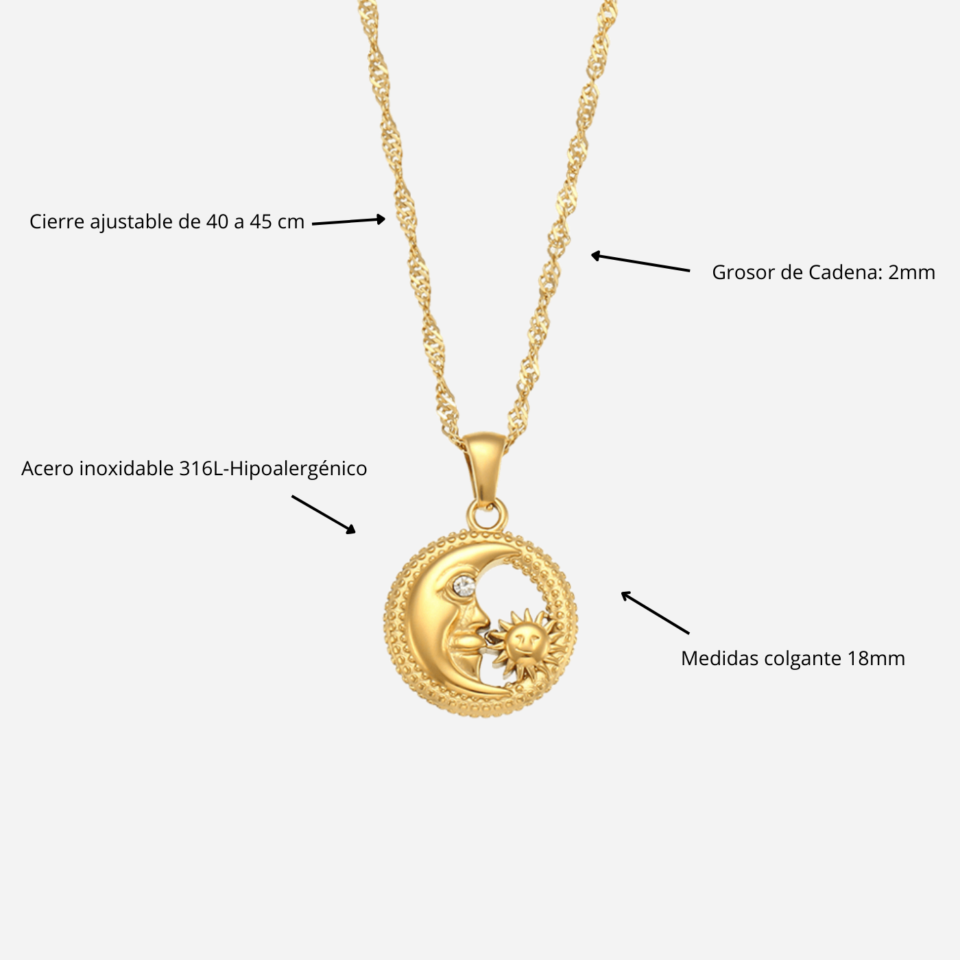 Colgante Luna y Estrella de Bendita Eva mostrando características: acero inoxidable 316L, baño oro 18K, circonita, colgante de 18 mm y cadena ajustable de 40-45 cm
