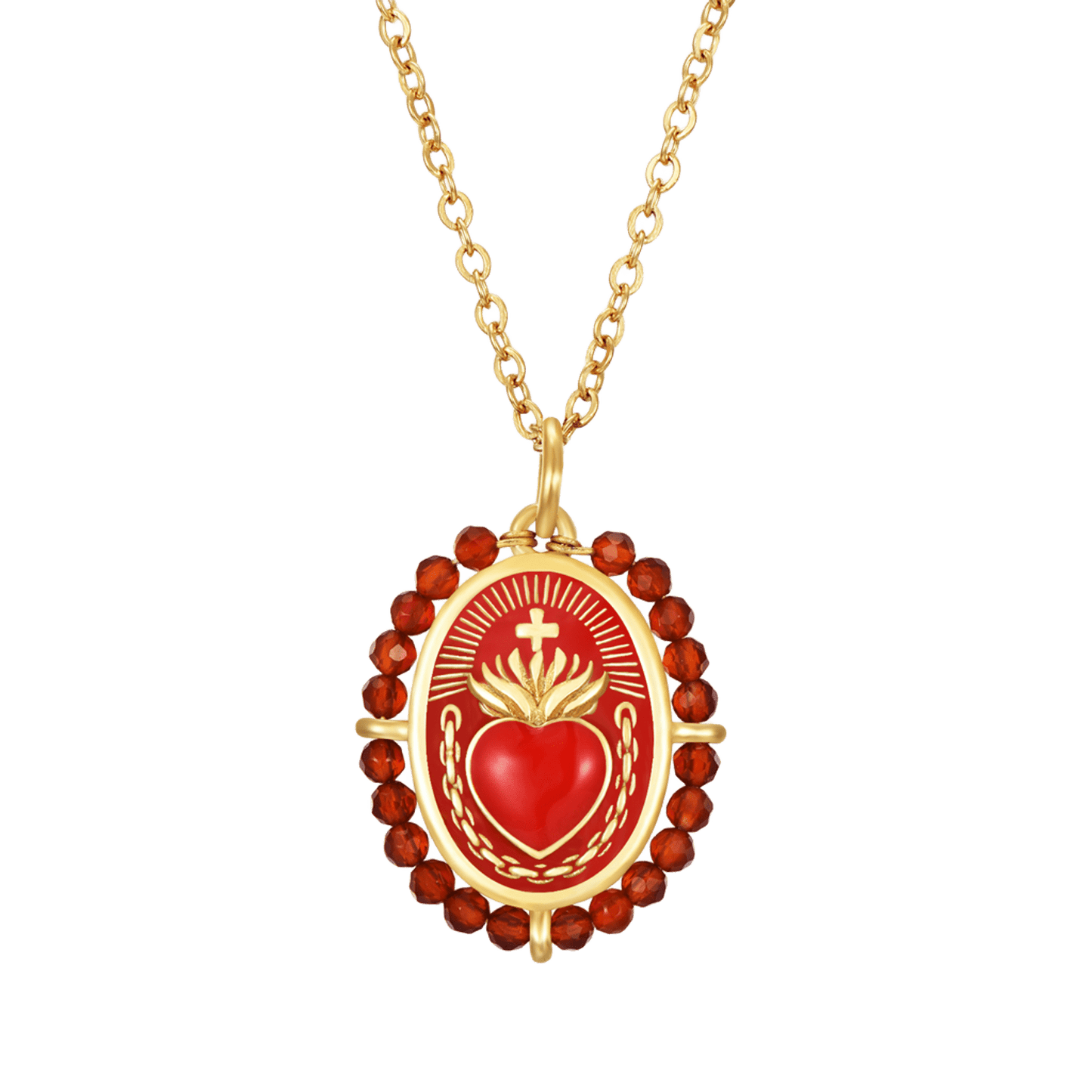 Colgante Sagrado Corazón Coral de Bendita Eva con cadena ajustable, medalla de 21 mm con piedras de coral rojo de 2,5 mm, amuleto de amor, protección y buena energía.
