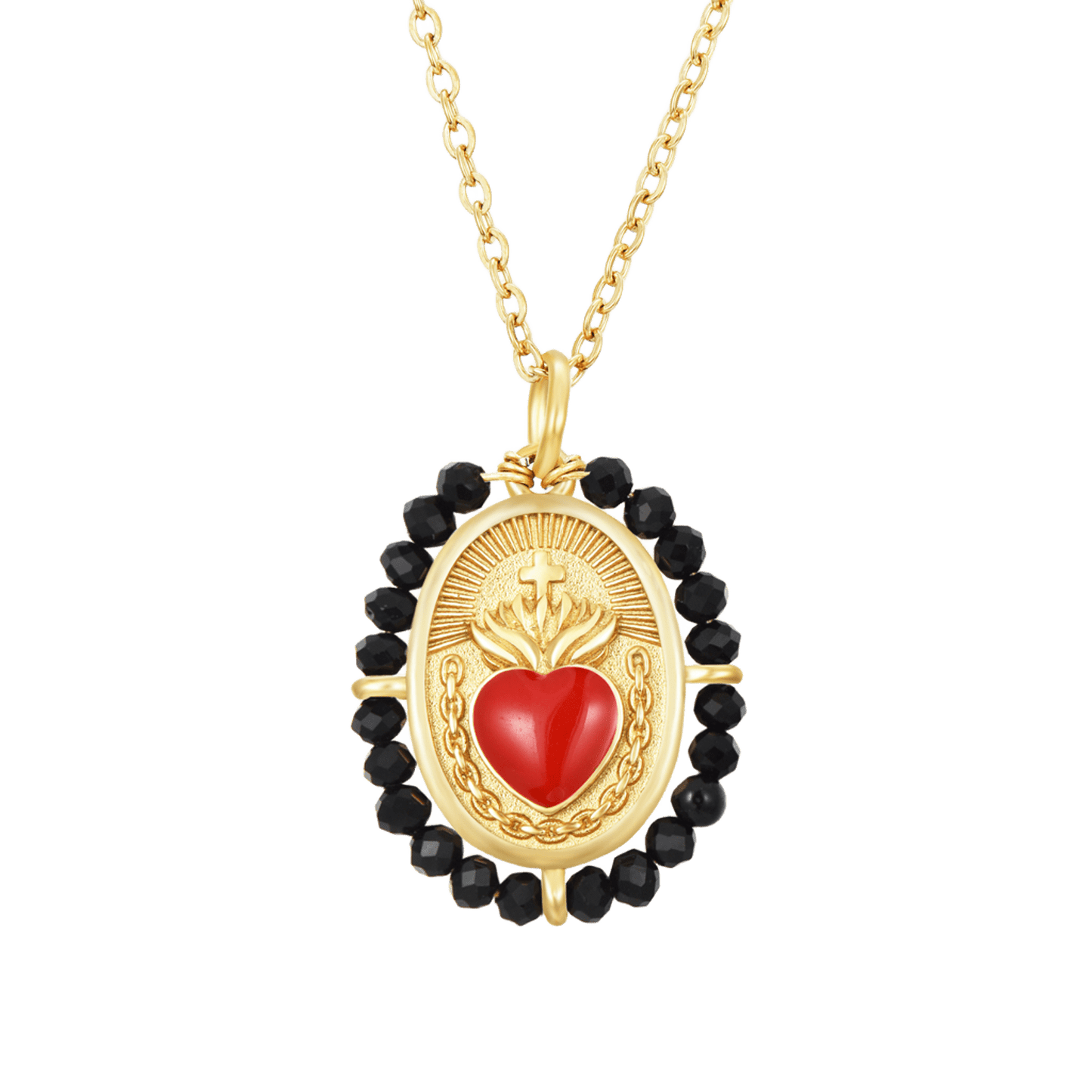 Colgante Sagrado Corazón Ónix de Bendita Eva con cadena ajustable, medalla de 21 mm con piedras de ónix de 2,5 mm, amuleto de amor, protección y voluntad.
