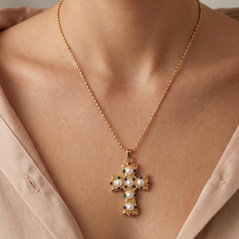 colgante cruz con perlas y circonitas de colores fabricada en acero hipoalergenico y baño de oro de 18K de Bendita Eva
