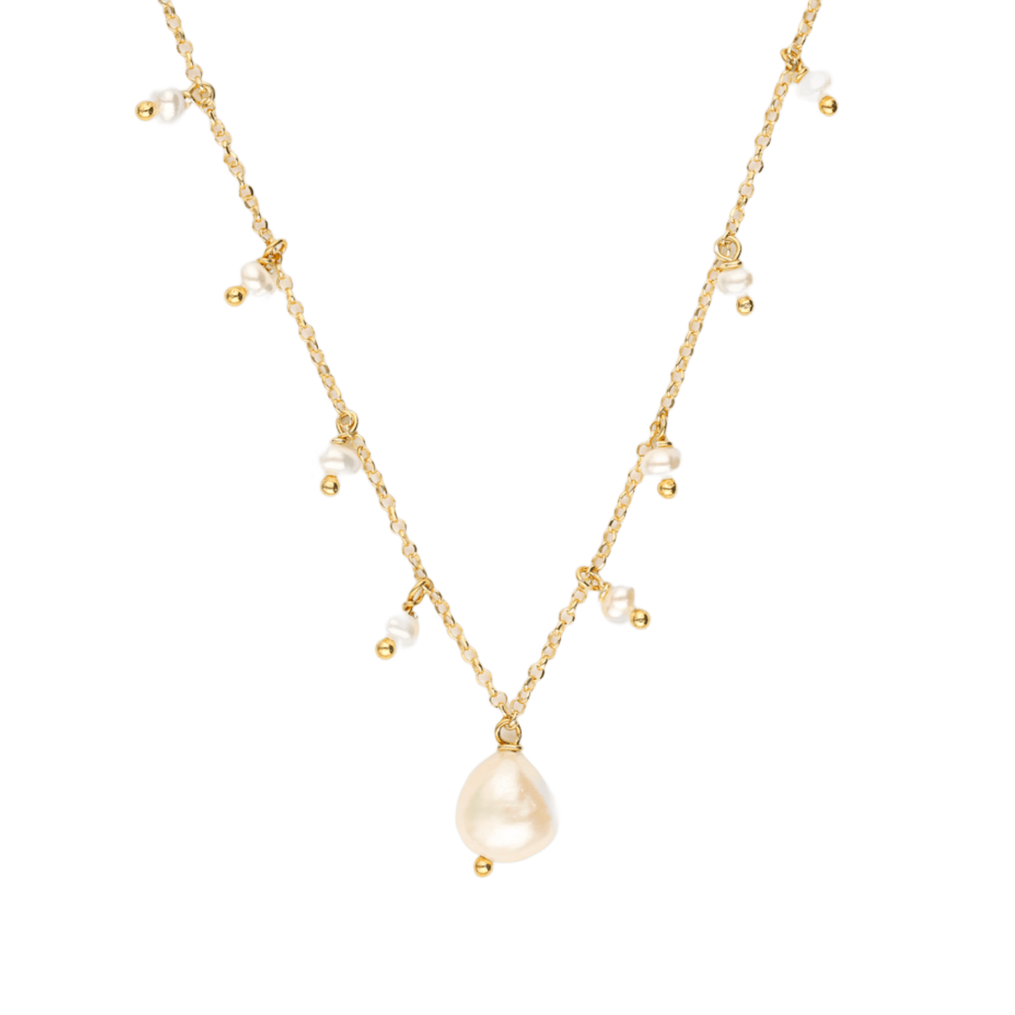 Collar Cascada con Perlas Bendita Eva, elegante diseño minimalista con perla central natural y bolitas doradas que aportan movimiento y estilo.