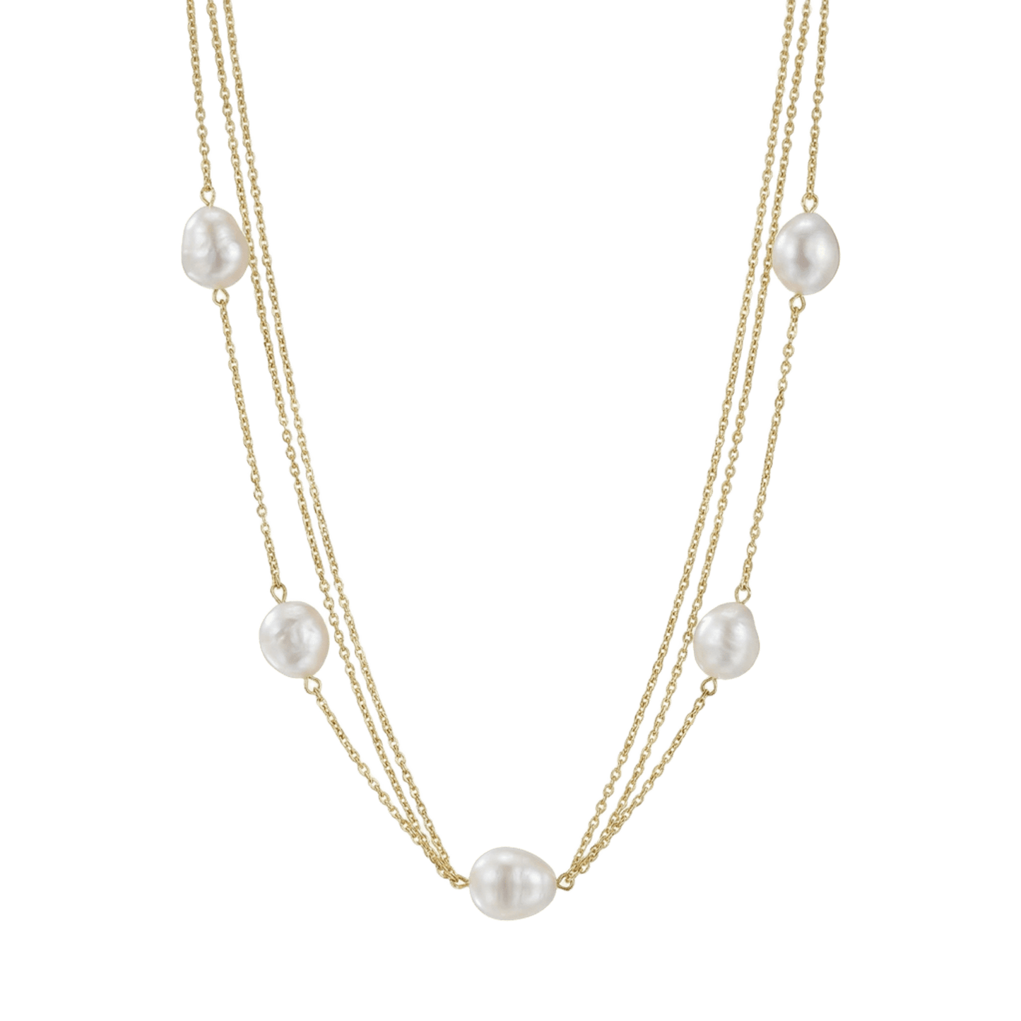 Collar elegante de perlas naturales con cinco perlas seleccionadas, cadena triple de plata de ley bañada en oro 18K, diseño artesanal y atemporal de Bendita Eva